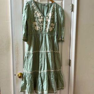 Lucky Brand Embroidered Peasant Dress Size XL Heathered Green